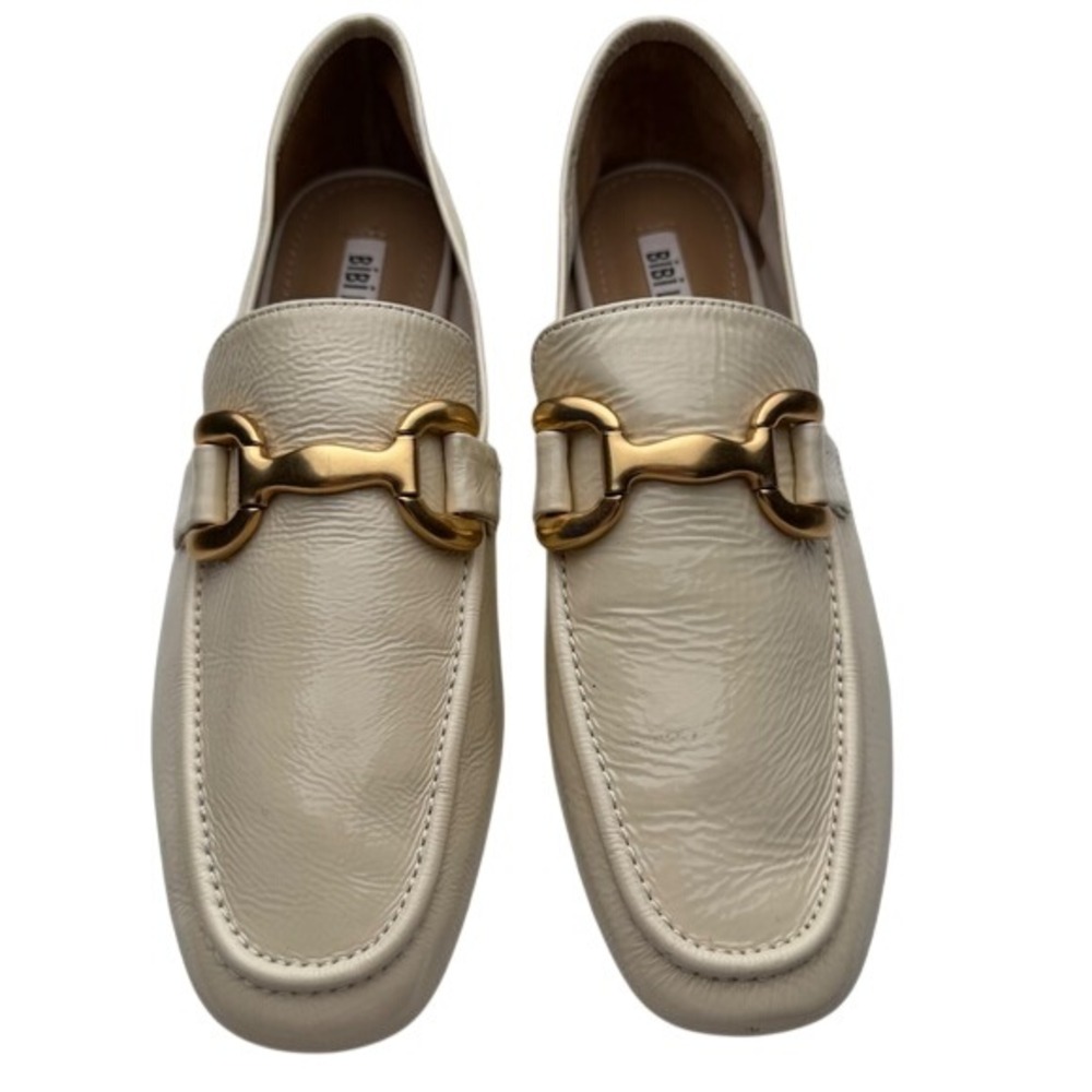 Anthropology Bibi Lou Loafers Cream Patent Gold Horsebit Quiet Luxury Preppy 41
